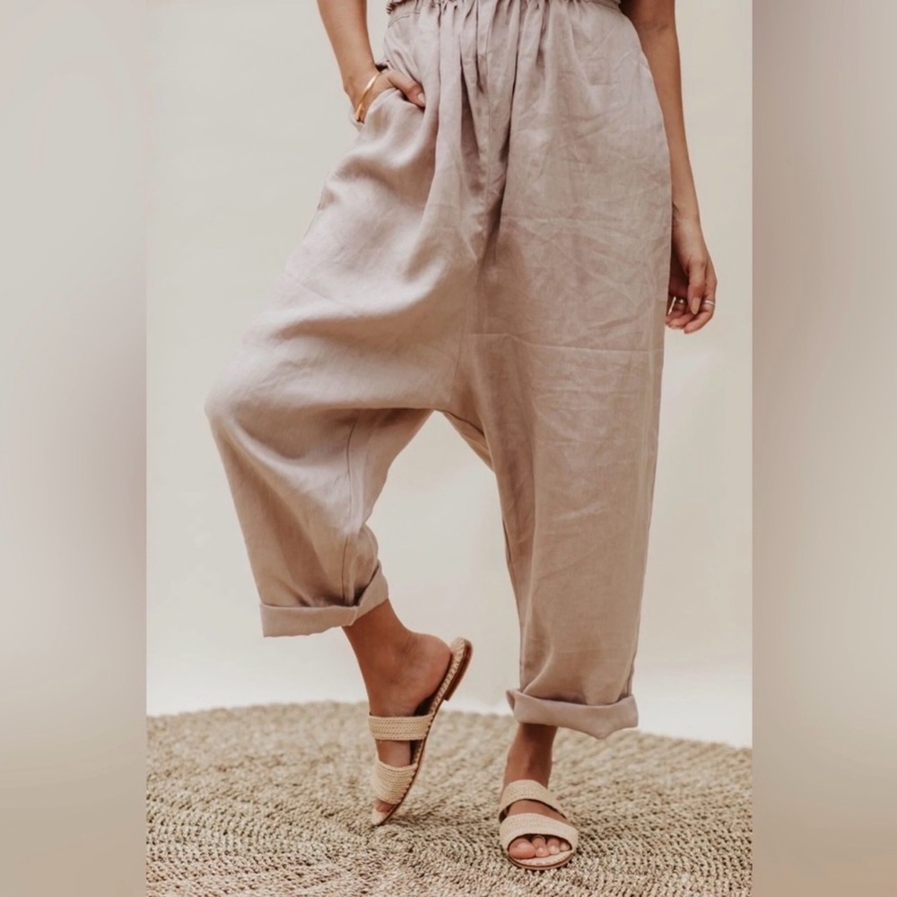 NWT Myrah Penaloza Mona linen two piece set harem crop top beige o/s - Picture 3 of 10